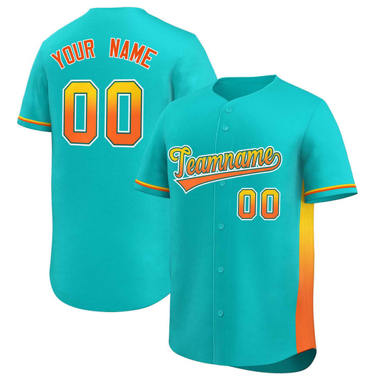 Custom Aqua Gold-Orange Personalized Gradient Font And Side Design Authentic Baseball Jersey