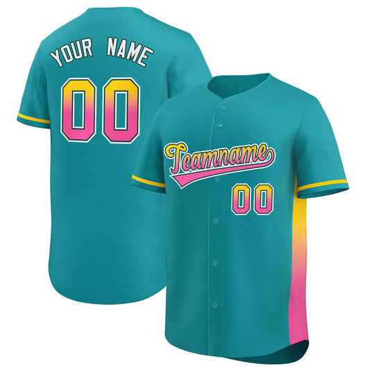 Custom Aqua Gold-Pink Personalized Gradient Font And Side Design Authentic Baseball Jersey