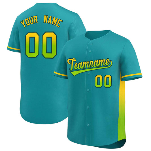 Custom Aqua Gold-Neon Green Personalized Gradient Font And Side Design Authentic Baseball Jersey