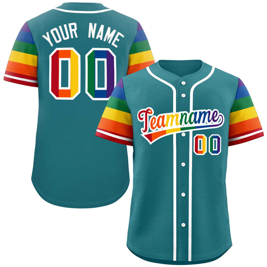 Custom Aqua LGBT Rainbow For Pride Month Raglan Sleeves Authentic Baseball Jersey